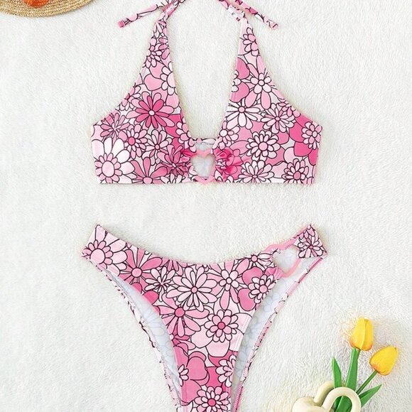 SHEIN Floral Print Ring Linked Halter Bikini Swimsuit (Size Medium) NWT - Picture 2 of 7